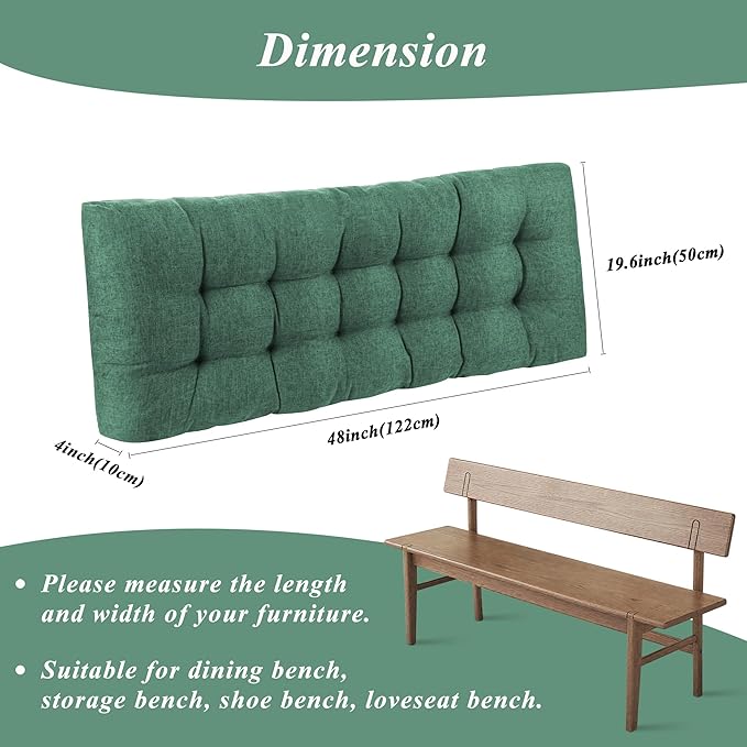 Bench Cushion for Indoor Furniture 48 x 19 inch Rectangle Bench Seat Cushion for Bay Window Entryway Bench Thick Textured Chair Cushion with Non-Slip Backing 1 Pack, Green