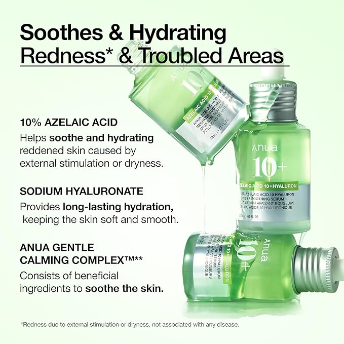 Anua Azelaic Acid 10 Hyaluron Redness Soothing Serum, Facial Serum for Blemish-Prone & Oily-Prone Skin, Lightweight & Hydrating Blemish Care, Hyaluronic Acid, Korean Skincare, 1.01 fl oz.