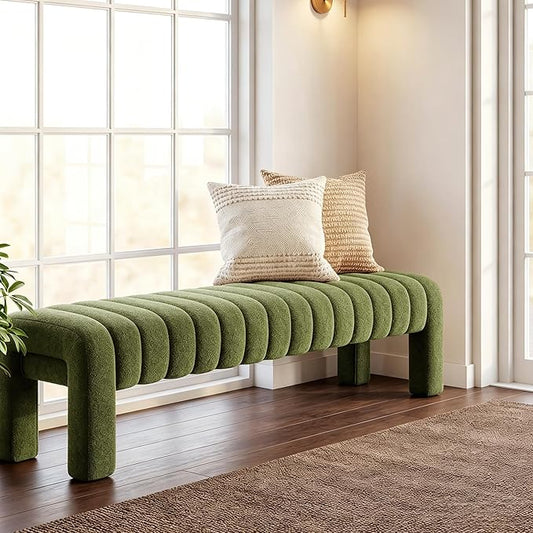 63” Dining Room Bench, Green Tufted Upholstered End of Bed Bench, Modern Entryway Ottoman Window Seat with Solid Wood Legs and Padded Seat for Bedroom, Hallway and Living Room (Boucle)