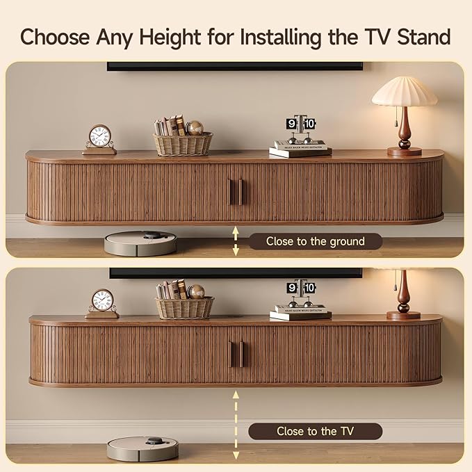 63" Floating TV Stand with Power Outlet for TVs up to 75", Fluted Entertainment Center with Remote Control for LED Lights, Mid-Century Modern TV Console w/Sliding Door for Living Room, Bedroom Walnut