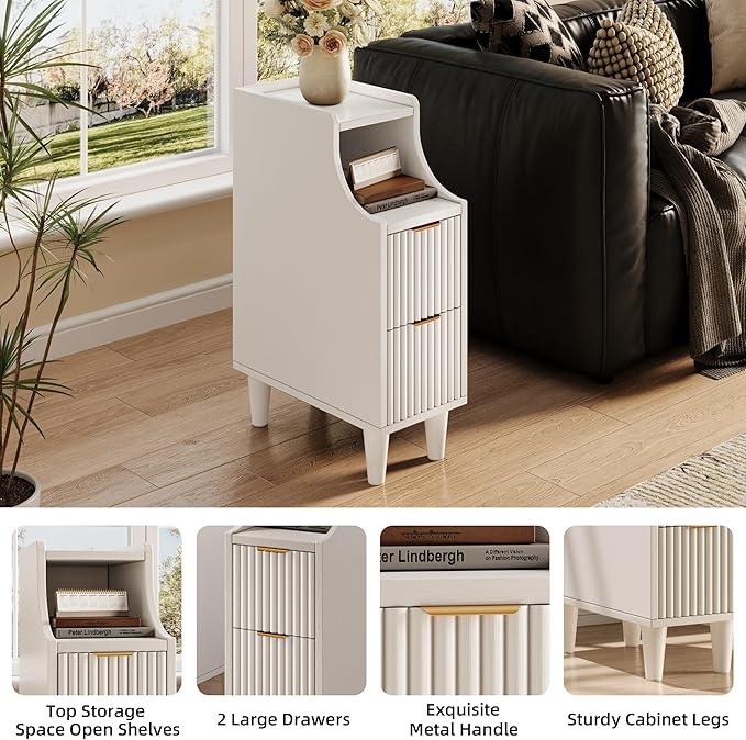 7.9" Narrow Fluted Nightstand Set of 2,Slim Side End Table with 2 Drawers,White Modern Bedside Table,Skinny Night Stand for Bedroom,Small Space