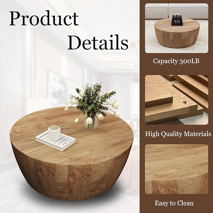 30" Round Coffee Table, Drum Coffee Tables for Living Room, Vintage Reversible Wooden Coffee Table, Mid Century Modern Center Table Tea Table for Bedroom or Office, No Need Assembly