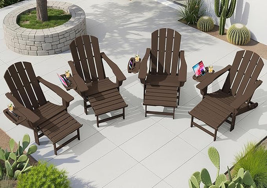 KINGYES Adjustable Folding Adirondack Chair with Footrest & 4-in-1 Multi-Functional Holder Set of 4, HDPE Reclining Adirondack Chair with Pull-Out Ottoman, Coffee