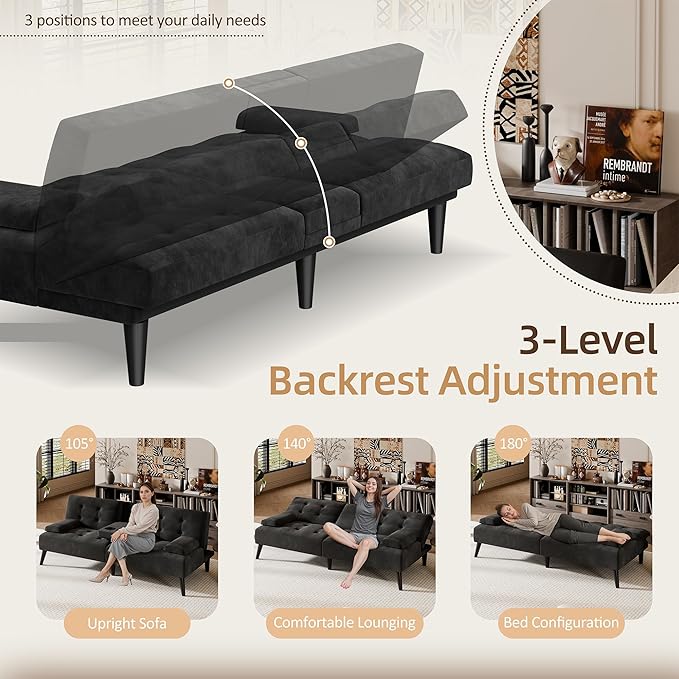 Shintenchi Futon Sofa Bed, Velvet Foldable Couch, Reclining Sleeper with Removable Armrests, Upholstered Loveseat Sofa Couch with Folding Cup Holders for Home, Office, Black
