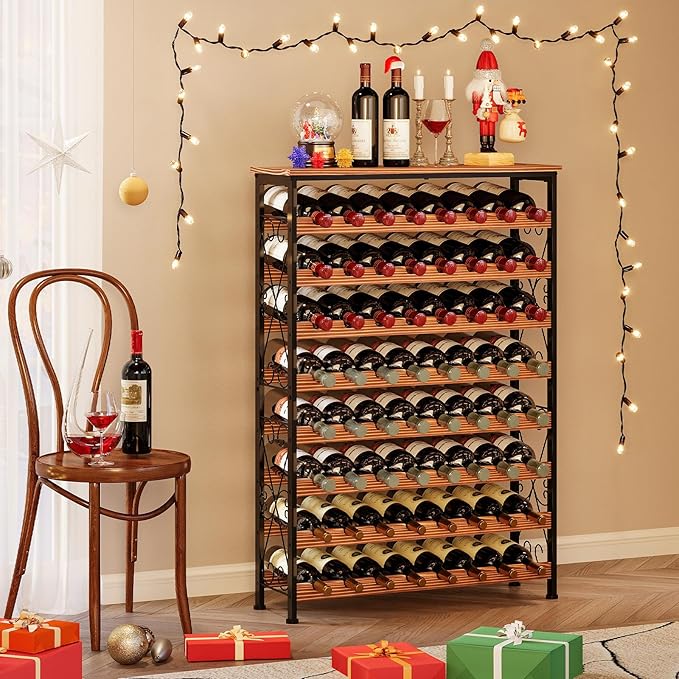 64 Bottles Wine Rack Freestanding Floor with 2 in 1 LED Light, Wine Bottle Rack Wine Holder Wine Storage Shelf for Kitchen Bar Pantry, Tall Wine Cabinet Stand Display 31.85''L X 10.6''W X 47.95''H