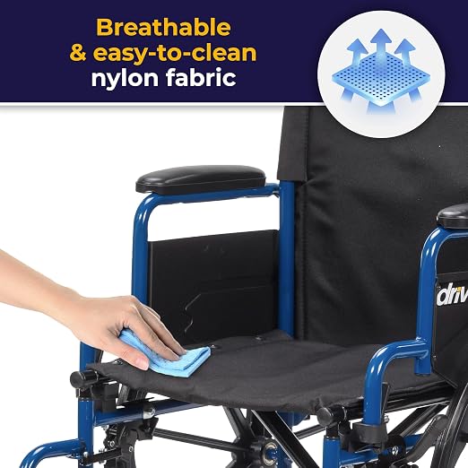 Drive Medical Blue Streak Lightweight Wheelchair - Portable Folding Mobility Aid - Swing-Away Footrests - Desk Arms - Durable Steel Frame - Easy Transport & Storage - 18-Inch Seat