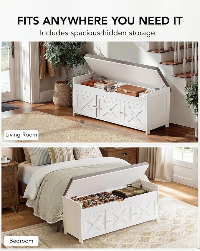 Amada Shoe Storage Bench, Entryway Bench with Cushioned Seat & Lift Top Storage, 3 Doors, Adjustable Shelf, 300 lbs Capacity, Bench with Shoe Rack for Entryway, Bedroom, Living Room, White