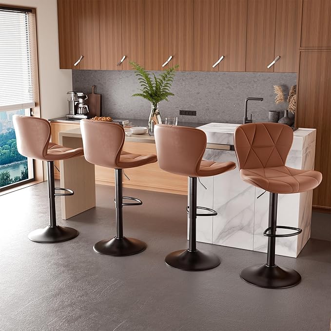 Nalupatio Modern Bar Stools Set of 4, Faux Leather Upholstered Swivel Bar Stools, Adjustable Counter Height Bar Chairs with Back for Kitchen Island, Rust