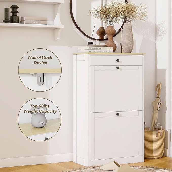 FTZxHKLX Shoe Cabinet with 2 Flip Drawers, Slim Wooden Hidden Shoe Organizer with Drawer, Pet-Proof Narrow Shoe Storage Cabinet for Entryway Living Room Behind The Door