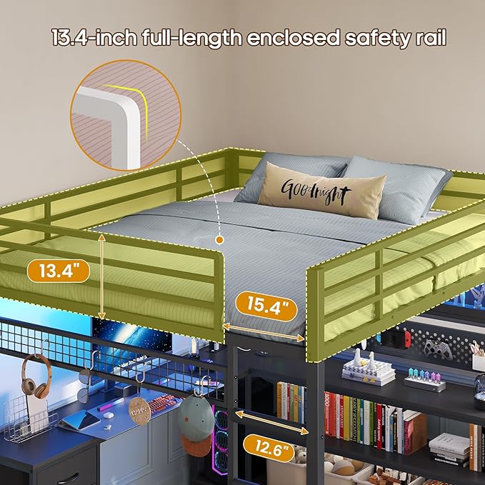 ADORNEVE Gaming Loft Bed Full Size with L-Shaped Desk, Arcylic RGB Hutch & Safety Power Outlet, Metal Loft Bed Frame with Storage Drawer, Shelves, Safety Guardrail, Space Saving for Teens, Black