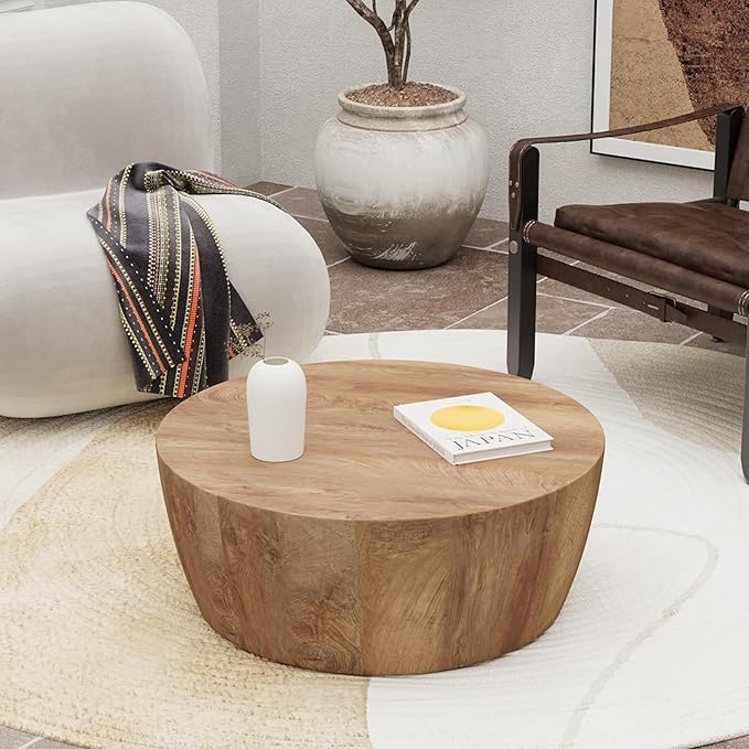 30" Round Coffee Table, Drum Coffee Tables for Living Room, Vintage Reversible Wooden Coffee Table, Mid Century Modern Center Table Tea Table for Bedroom or Office, No Need Assembly