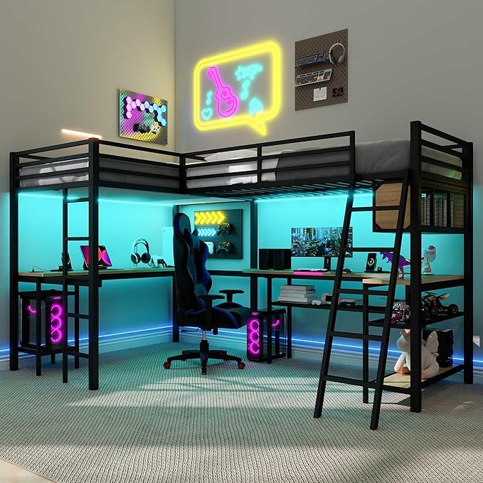 Twin Size Loft Bed with L-Shaped Desk and Storage Shelves, Heavy Duty Metal Loft Bed with LED Lights and and Charging Station for Kids Teens Adults, Saving Space, No Box Spring Needed, Black