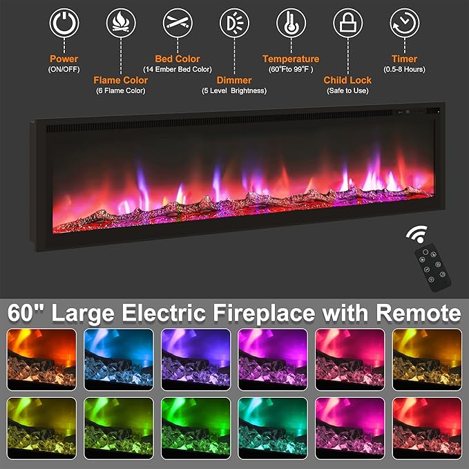 Fireplace TV Stand for 100 Inch TV, 95" Farmhouse Entertainment Center with 60" Electric Fireplace & LED Lights, Large Media Console for Living Room, Rustic Barn Doors, Power Outlets,Grey