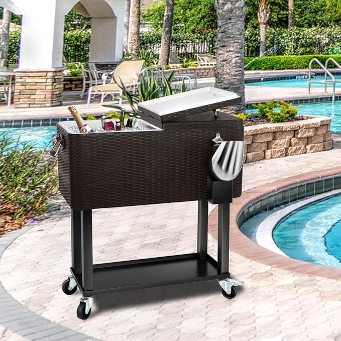 80 Quart Rolling Ice Chest Cooler Cart,Patio Backyard Party Drink Beverage Bar Stand Up Cooler Trolley with Ice Scoop