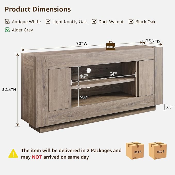 OKD Modern 70" TV Stand, Entertainment Center for TVs Up to 80", Media Console with Large Open Storage & Side Cabinets, Thick Wood Design for Living Room, Alder Grey