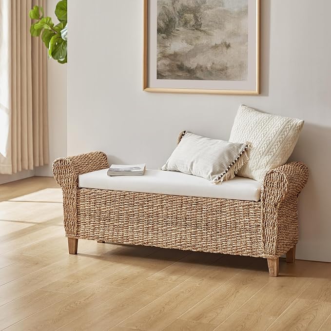 HULALA HOME Rattan Storage Bench with Rolled Armrests, Boho Wicker End of Bed Bench for Bedroom Entryway Living Room, Water Hyacinth Frame, Natural