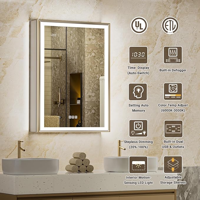 Lighted Medicine Cabinet with Mirror, 20x26 Beveled Brushed Nickel Framed Surface or Recessed Fogless Dimmable LED Medicine Cabinet with Outlet, Time Display and Sensor Inner Light