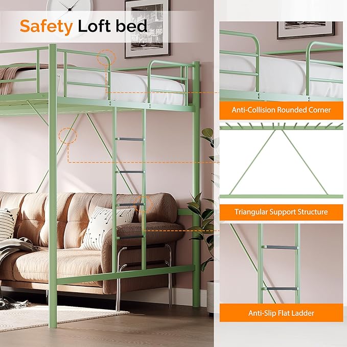 VINGLI Full Loft Bed with Flat Rungs for Adults, Kids and Young Teens, No Box Spring Required,Heavy Duty Metal Slat Support, Green