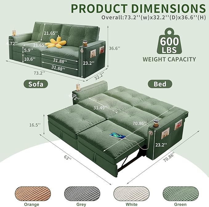 healthomse 73.2" Convertible Sofa Bed, 2-in-1 Multi-Functional Loveseat Sleeper, Modern Corduroy Couch with Side Pocket, for Living Rooms, Bedrooms, Apartments, Small Spaces (Green, 73.2inch)