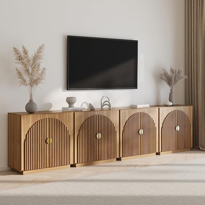 BELLEZE Set of 3 Modular Fluted Sideboard Buffet Cabinet with Storage, Mid-Century Modern Console Table with Symmetrical Arched Doors, Credenza for Dining Room, Kitchen and Living Room, Caramel Brown