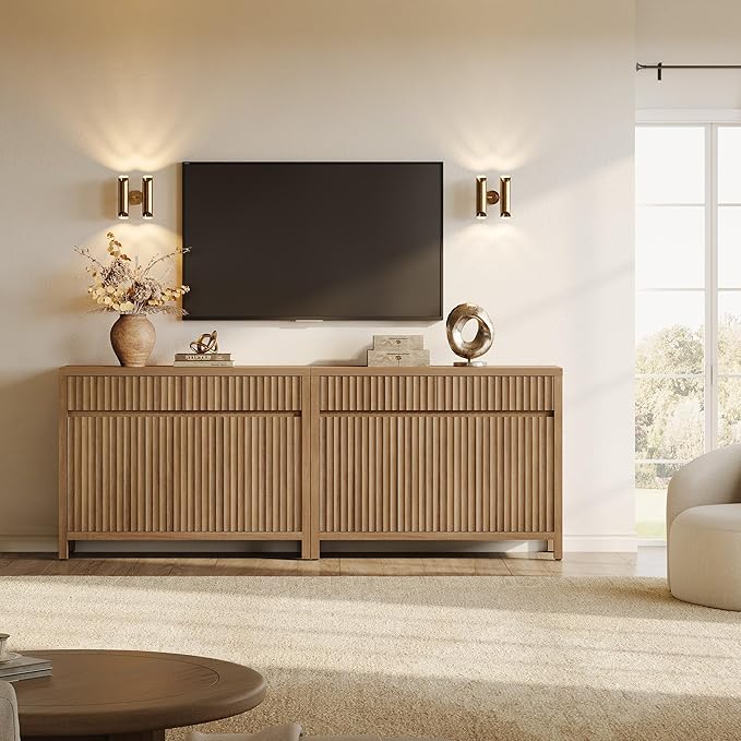 SICOTAS Fluted Sideboard Buffet Cabinet with Storage – Extra Large Credenza Accent Cabinet with 2 Drawers and 3 Doors, 84" Modern Entryway Cabinet Console with Adjustable Shelves for Living Room