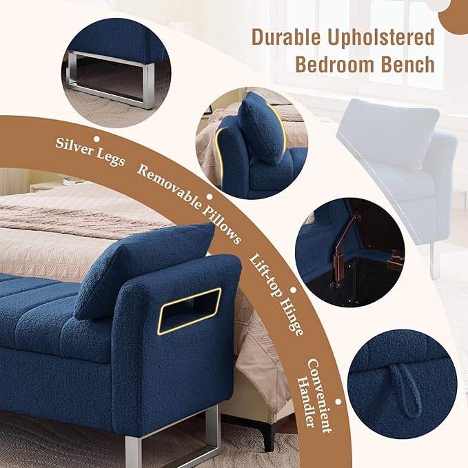 66'' End of Bed Bench with Storage for Bedroom King Size, Long Bedroom Benches for Foot of Bed King, Teddy Storage Bed Bench with Armrest & 2 Pillows for Entryway, Navy Blue