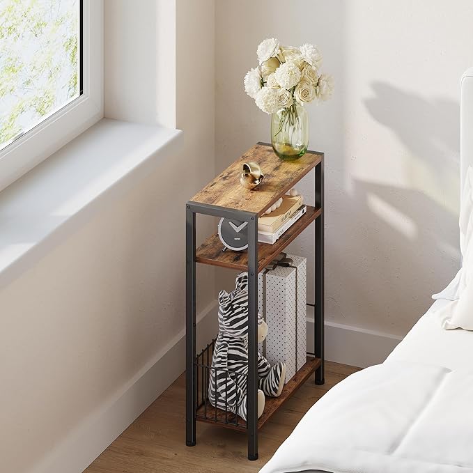 TRIFEBLE Narrow Side Table with Storage Basket, Small End Table for Small Spaces, Slim Sofa Table for Living Room, 3 Tier Bedside Table for Bedroom, Rustic Brown