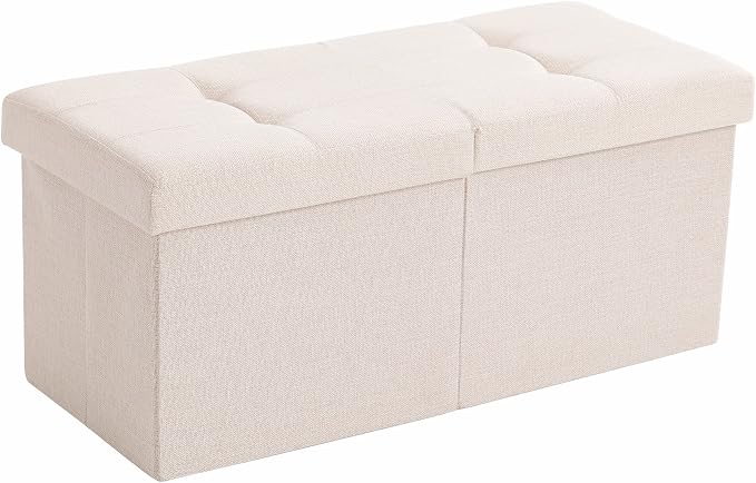 Storage Ottoman Bench Foldable Seat Footrest End of Bed Ottoman with Flipping Lid for Living Room, 75L, 30 inches Linen Fabric Beige