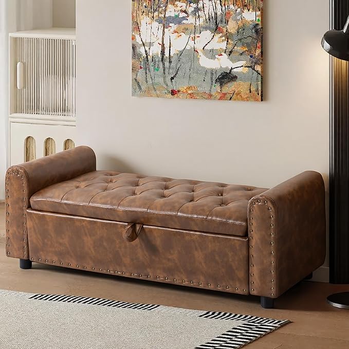 48" Ottoman with Storage, Tufted Storage Ottoman Bench, Convenient Living Room Fabrics Bench Seat, Entryway Shoe Benches with Inner Zipper & Arm, Upholstered Window Seat Ottomans with Rivets, Brown