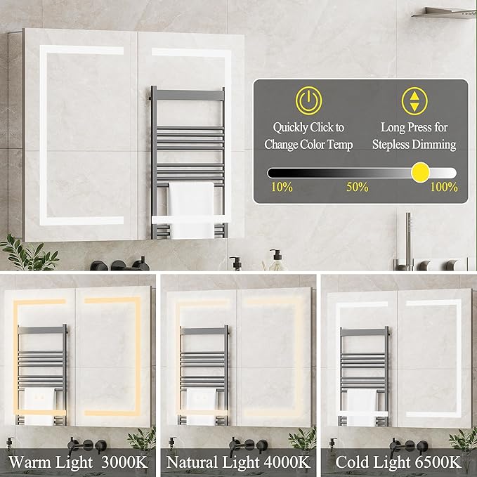 Double-Side LED Medicine Cabinet Mirror for Bathroom, Lighted Medicine Cabinet with 5 Mirrors, Interior Sensor Light, Dimmable, Anti-Fog, Outlets, Recessed or Wall Mount Aluminum Mirror Cabinet, 34x28