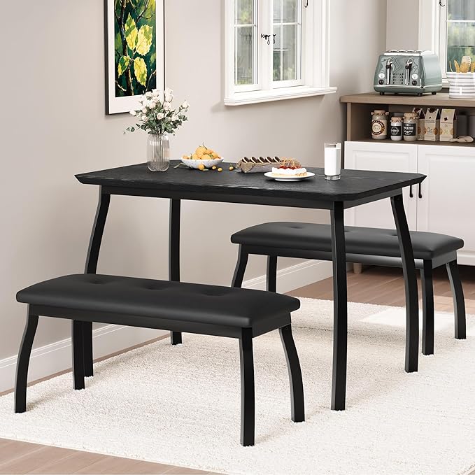 Dining Table for 4, 3-Piece Kitchen Table Set for 4 with Wooden Tabletop and Metal Frame, Industrial Kitchen Table with 2 PU Leather Benches for Bar, Dining Room, Restaurant(43''x28''x30''), Black