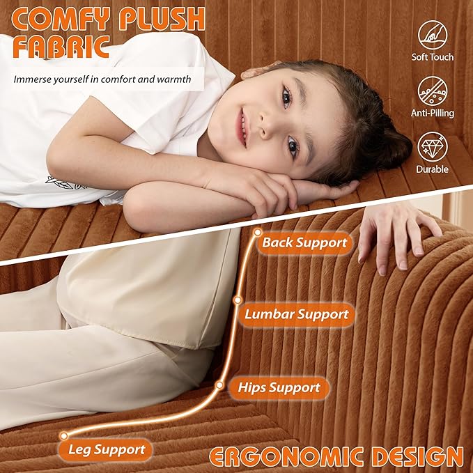 HABUTWAY 49.8" Loveseat Boneless Couch, 4-in-1 Convertible Sofa Bed, Plush Fur Folding Futon Sofa Bed Couches Without Pillow for Living Room, High-Density Foam Support, No Assembly Required, Orange