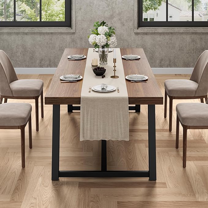 IRONCK 71" Dining Table for 6-8 People, Industrial Kitchen Table with Sturdy Metal Frame, Rectangular Brown Wood Dinner Table for Dining Room