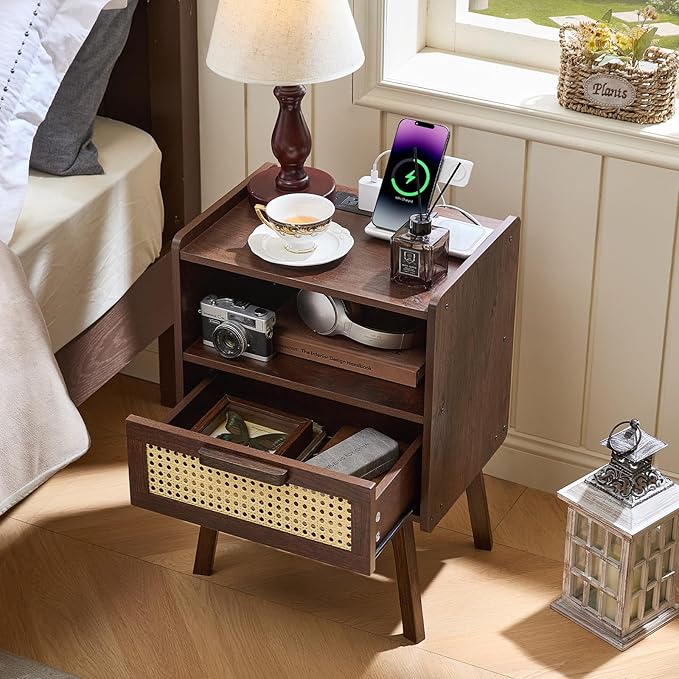 Lerliuo Rattan Nightstand with Charging Station, Walnut Bedside Table with Drawer Open Shelf, Cane Accent Side End Table with Solid Wood Legs, Night Stand for Bedroom, Dorm and Small Spaces