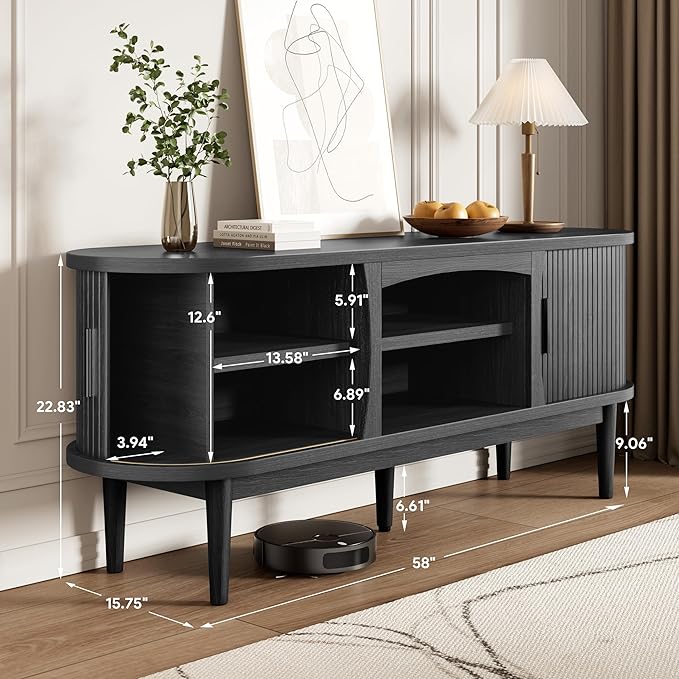 Decofy Mid Century TV Stand for TVs up to 65 Inches, Entertainment Center with Storage, Power Outlet, Fluted Sliding Doors & Adjustable Shelves, Modern Media TV Console Table for Living Room (Black)