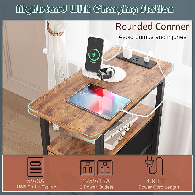 sthmec End Table with Charging Station,LED Side Tables with USB Ports and Outlets,Skinny Bedside Table with 3 Drawers,Small Nightstands for Small Space,Slim Sofa Table for Livingroom,Rustic Brown