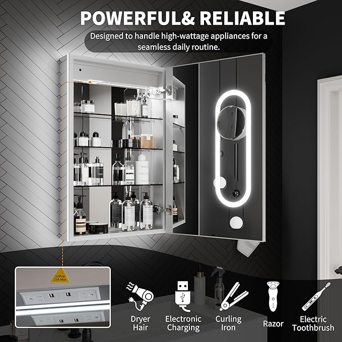 ExBrite 24 x 32 Lighted Medicine Cabinet with Mirror, Front&Backlit led Medicine Cabinet,Defog,5X Magnifier,3 Colors Temper Dimmable,Surface or Recessed Mount,Hinge on the Right