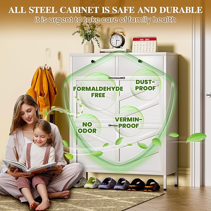 Metal Shoe Storage Cabinet for Entryway,White Shoe Cabinet with 2 Flip Drawers & 2 Top Drawers Hidden Slim Shoe Organizer Rack Freestanding Narrow Entrance Shoe Cabinet with Leg for Hallway Front Door