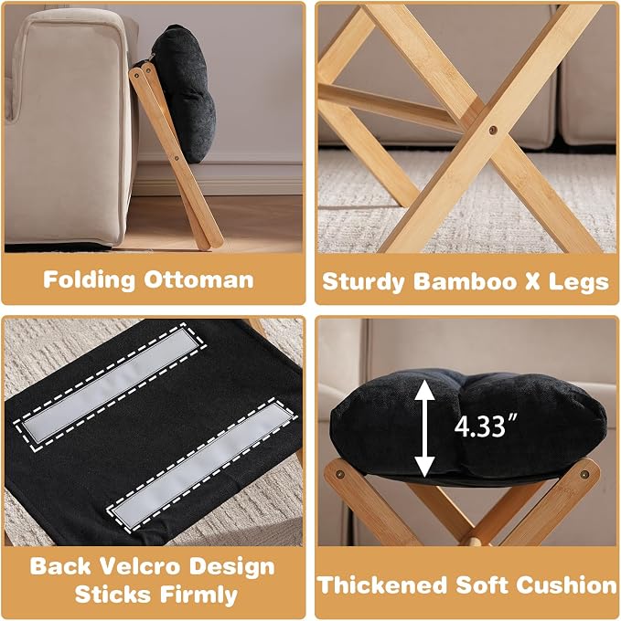 Baveke Ottoman Foot Rest- Bamboo Foldable Stool, Foot Stools Small Ottman with Upholstered & X Legs, Folding Stool for Makeup, Bedroom and Living Room, FSC-Certified (Black)