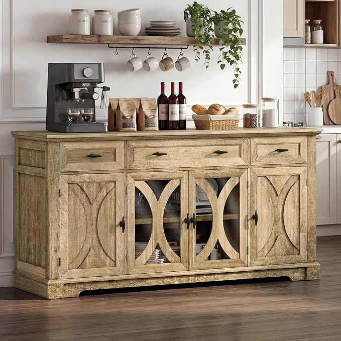 Einhomn 64" Farmhouse Sideboard Cabinet with 3 Drawers and 4 Doors, Buffet Cabinet with Adjustable Shelves and Curved Glass Doors, Large Storage Cabinet for Dining Room, Living Room, Kitchen,Natural