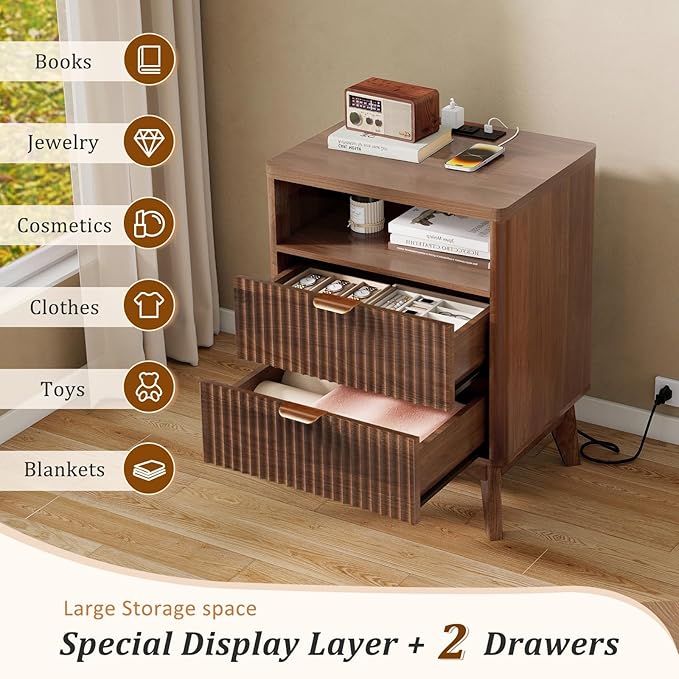 LYNCOHOME Fluted Nightstand with Charging Station, 19.7 inch Wide End Table with 2 Drawers, Modern Wood Bedside Table for Bedroom, Night Stand Set of 2，Walnut