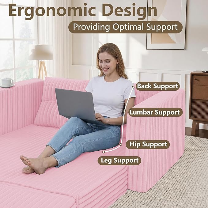 HABUTWAY 41.3" Loveseat Boneless Couch, 4-in-1 Convertible Sofa Bed, Plush Fur Folding Futon Sofa Bed Couches with a Pillow for Living Room, High-Density Foam Support, No Assembly Required, Pink