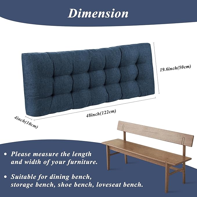Bench Cushion for Indoor Furniture 48x19 inch Rectangle Bench Seat Cushion for Bay Window Entryway Bench Thick Textured Chair Cushion with Non-Slip Backing 2 Pack, Navy