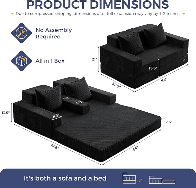 MAXYOYO Loveseat Sofa Bed, 64" Foldable Floor Sofa Couch in A Box with 2 Cup Holders, 4 in 1 Convertible Boneless Couch Folding Recliner Sleeper Chair for Living Room, No Assembly Required, Black
