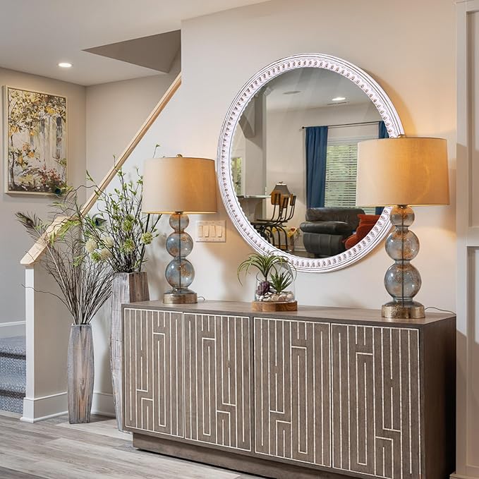 30 Inch Rustic Farmhouse Round Mirror for Wall Decor, Boho Wooden Decorative Circle Mirrors for Bathroom Over Sink, Entryway, Living Room& Bedroom