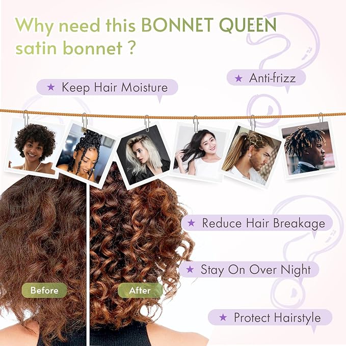 BONNET QUEEN Silk Bonnet for Sleeping Women Satin Bonnet Anti-Frizzy Night Sleep Cap Wrap for Curly Hair with Adjustable Tie Band,Purple