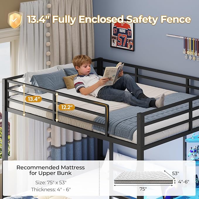 ADORNEVE Bunk Bed with Desk, Full Over Full Bunk Beds with Charging Station & Led Lights, 4 Storage Drawers & 2 Open Storage Shelves, Metal Loft Bed with Safety Guardrail & Ladder for Kids/Teen, Grey