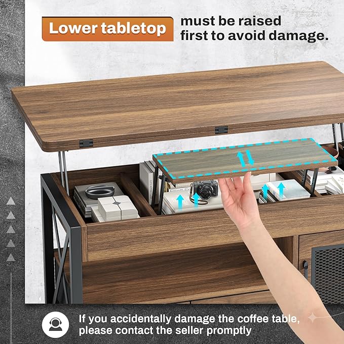 Itaar 40" Lift Top Coffee Table, 4 in 1 Coffee Tables with Storage Cabinet for Living Room, Small Farmhouse Coffee Table with 2 Fabric Drawers & LED Light for Dining Room, Walnut