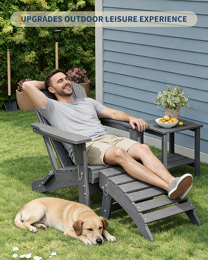 Garvee Folding Adirondack Ottoman Set of 2, HDPE Outdoor Footrest for Adirondack Chair, All-Weather Resistant for Deck Backyard Patio Outside Poolside Porch Lawn - Grey