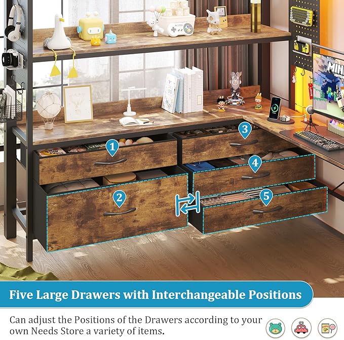 busyaeh Loft Bed with Desk,Loft Bed Full Size with 5 Drawers & 3 Open Shelves and LED Lights,Full Size Loft bed with Charging Station & Thickened Tread Stairs for Adults/Kids/Young Teens,Vintage Brown